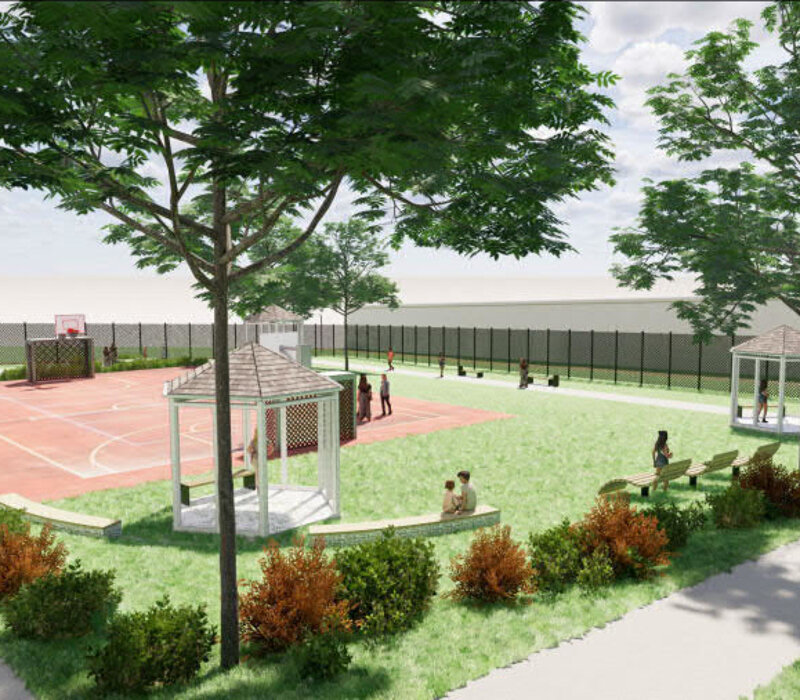 Neuer Freistundenhof der JVA Chemnitz, Visualisierung Perspektive über Sportanlage