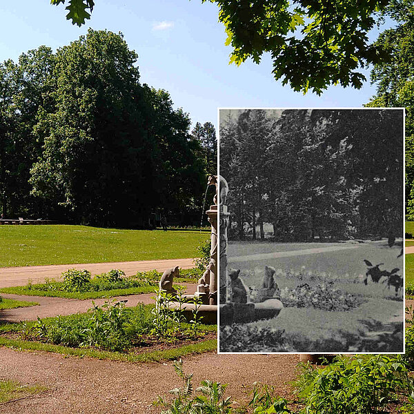 Ostdeutscher Rosengarten Forst (Lausitz), Collage des Bärenbrunnens aus aktuellem und historischen Foto