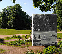 Ostdeutscher Rosengarten Forst (Lausitz), Collage des Bärenbrunnens aus aktuellem und historischen Foto
