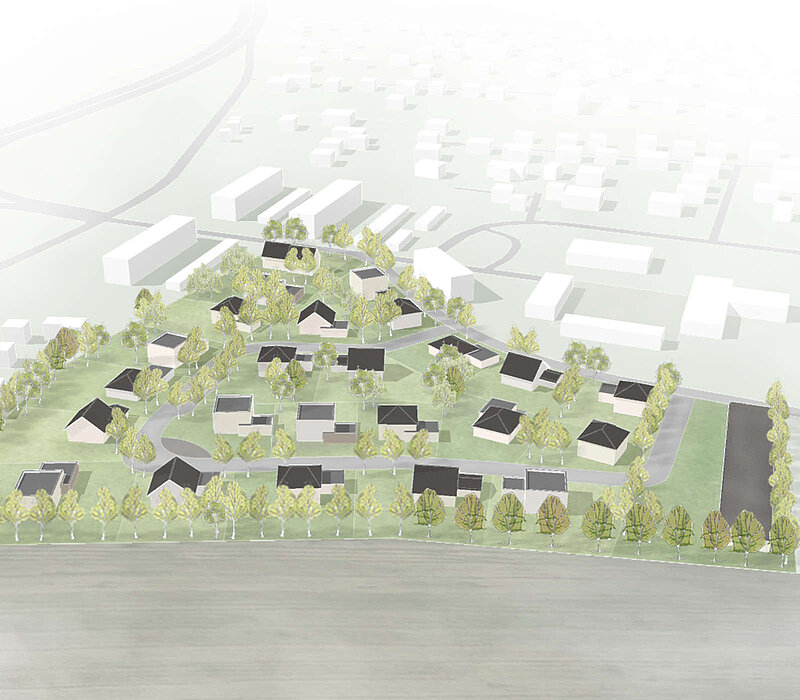 Bebauungsplan Adelsberg Südabrundung Chemnitz, Visualisierung Vogelperspektive Wohnsiedlung umgesetzte Variante 'Ringstraße'