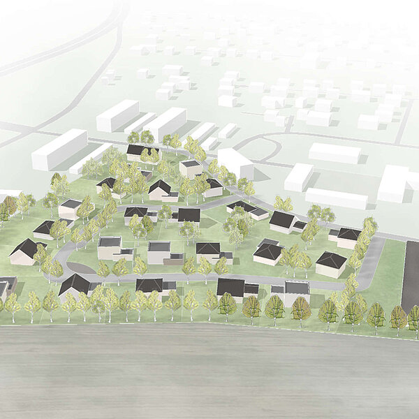 Bebauungsplan Adelsberg Südabrundung Chemnitz, Visualisierung Vogelperspektive Wohnsiedlung umgesetzte Variante 'Ringstraße'