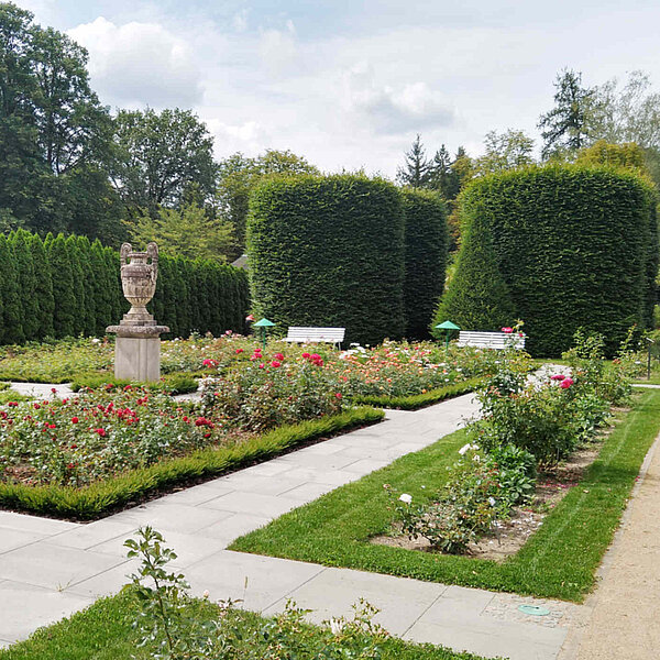 Denkmalgerechte Sanierungen im Ostdeutschen Rosengarten Forst (Lausitz) - Plattenwege und Rosenbeete im Teschendorff-Garten