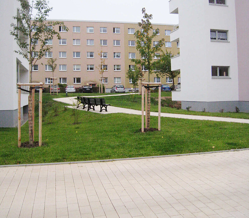 Wohnumfeld Irkutsker Straße Chemnitz, Rasenfläche und Weg